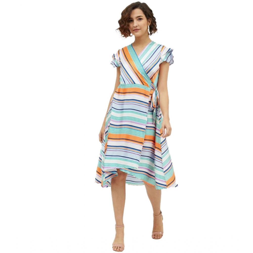 Generic Women's Satin Striped Short Sleeve Knee-Length Dress (Multicolor) Main image
