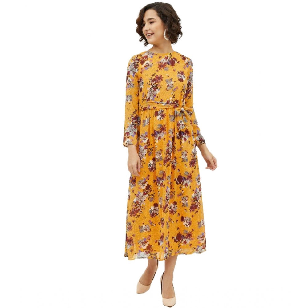 Generic Women's Polyester Floral Long Sleeves Calf-length Dress (Multicolor) Main image