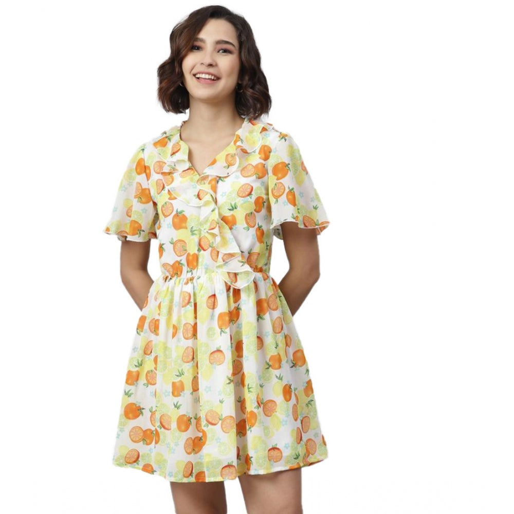 Generic Women's Polyester Printed Flutter Above Knee Dress (Yellow - Orange) Main image