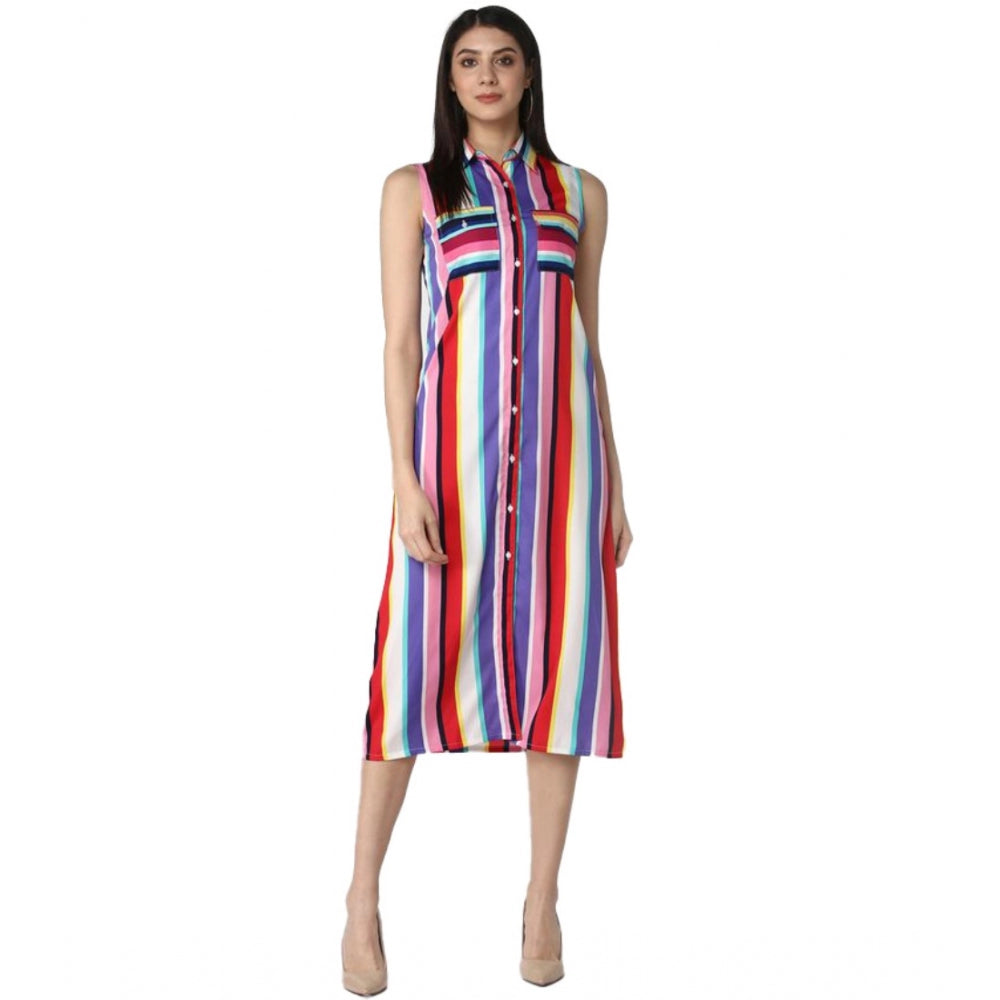 Generic Women's Polyester Striped Sleeveless Calf-length Dress (Multicolor) Main image