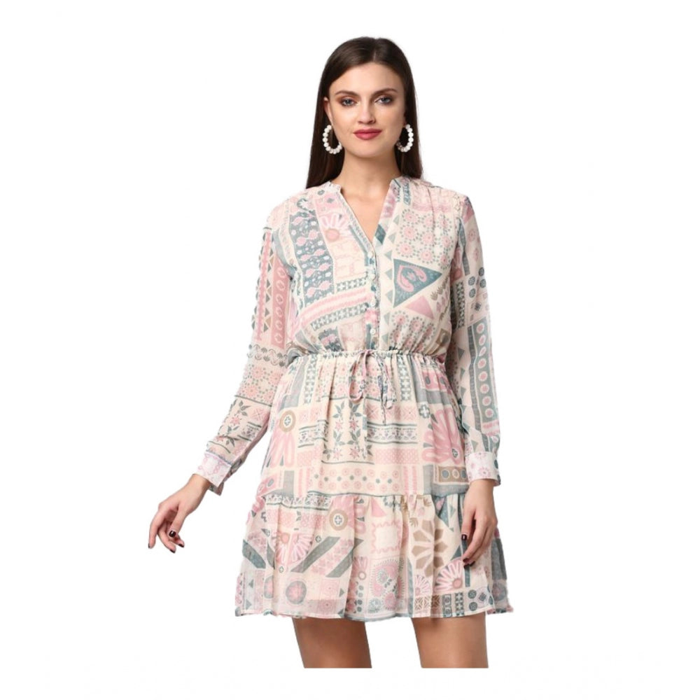 Generic Women's Polyester Printed Long Sleeves Above Knee Dress (Light Pink - Off White) Main image