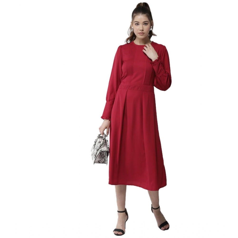 Generic Women's Polyester Pintuck Long Sleeves Below Knee Dress (Red) Main image