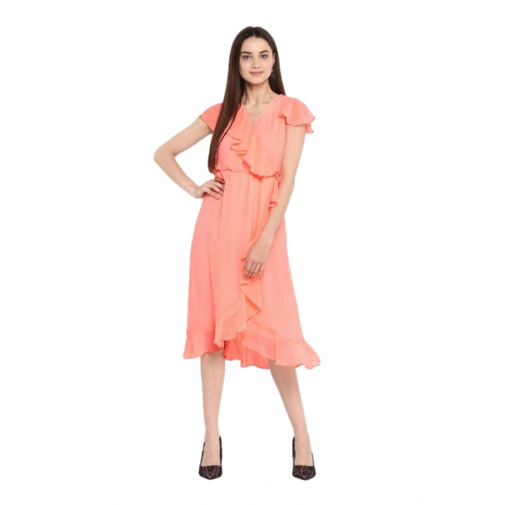 Generic Women's Polyester Ruffled Cap Sleeve Below Knee Dress (Neon Pink) Main image