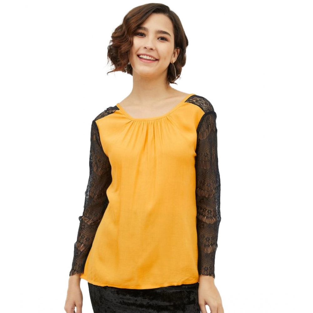 Generic Women's Rayon Lace Inserts Long Sleeves Top (Yellow) Main image