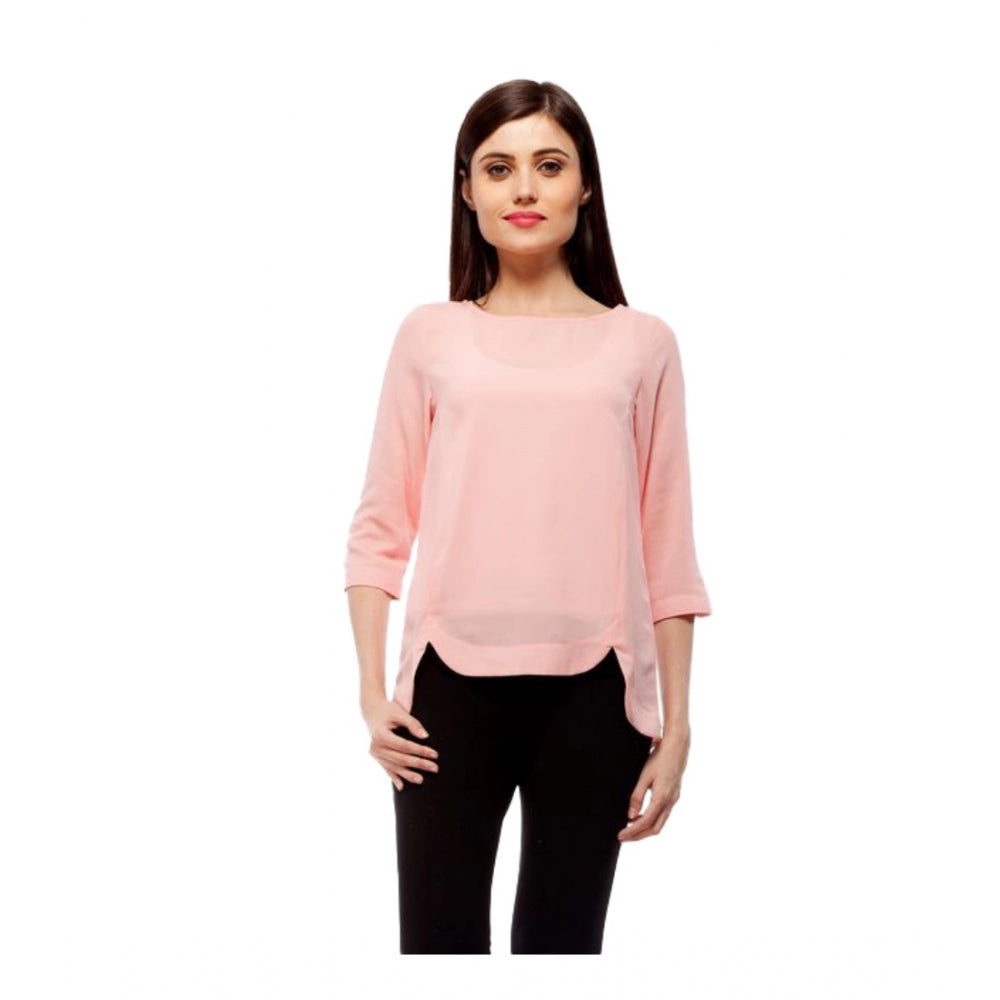 Generic Women's Polyester Solid 3-4th Sleeves Regular Top (Peach) Main image