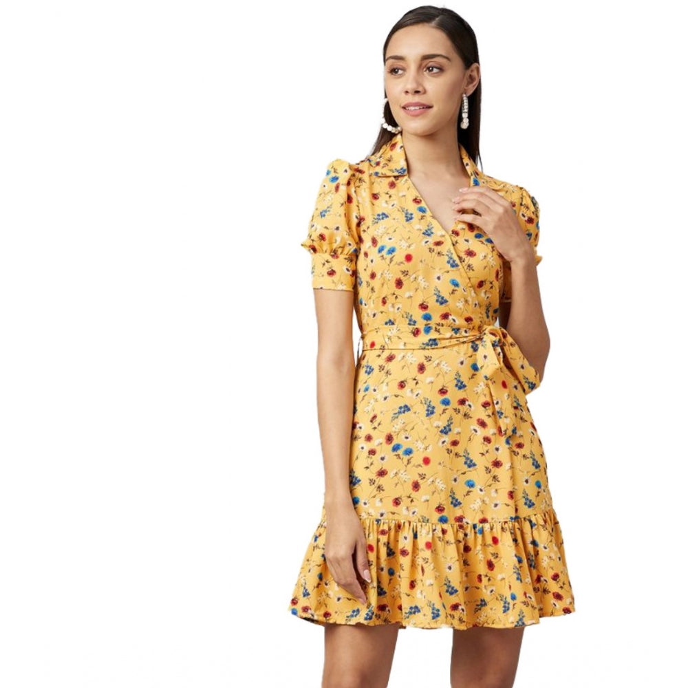 Generic Women's Polyester Floral Short Sleeve Above Knee Dress (Yellow) Main image