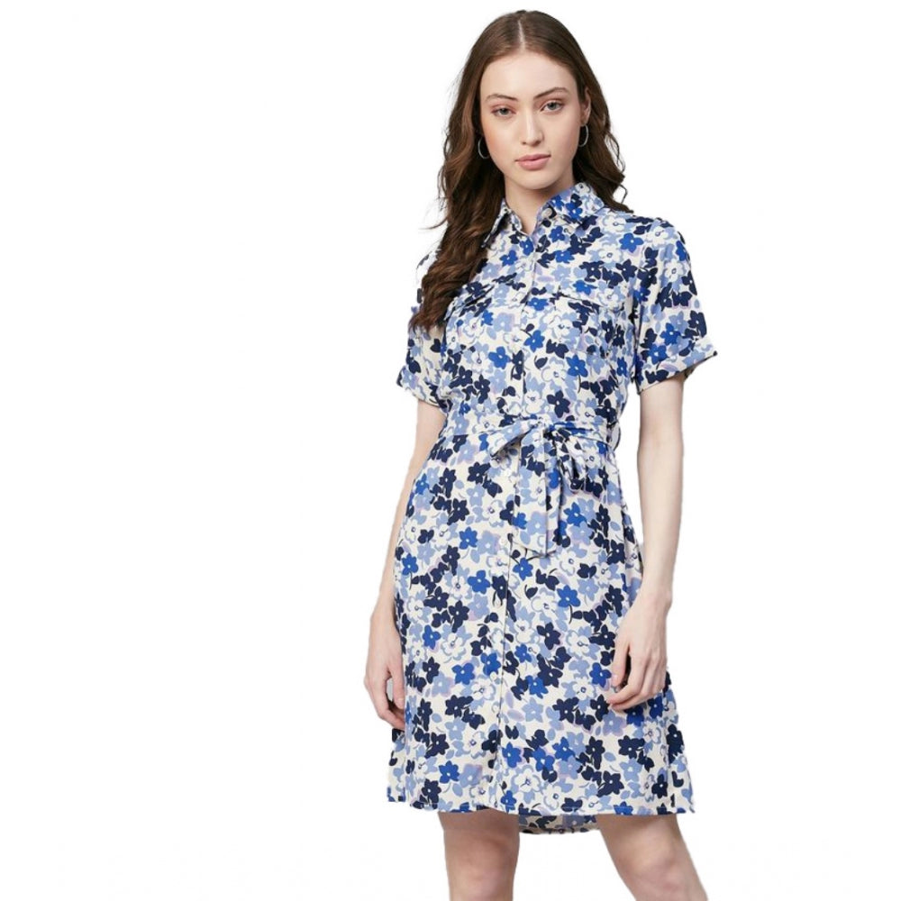 Generic Women's Polyester Floral Short Sleeve Above Knee Dress (Blue - White) Main image