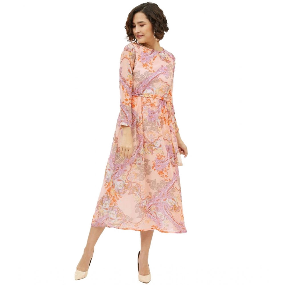 Generic Women's Polyester Printed Long Sleeves Calf-length Dress (Multicolor) Main image