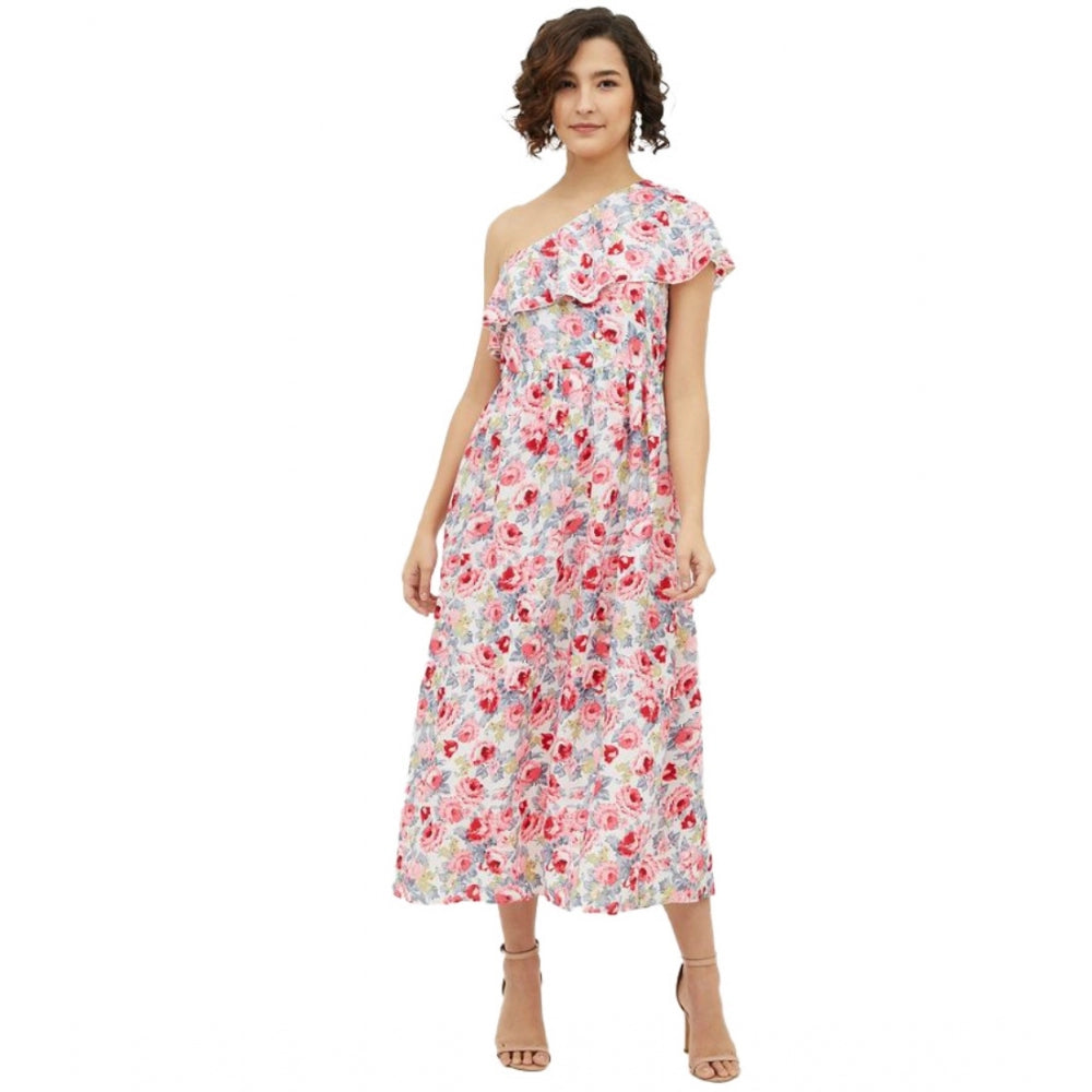 Generic Women's Polyester Floral One Shoulder Calf-length Dress (Multicolor) Main image