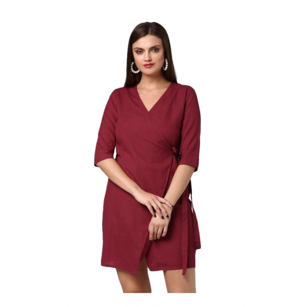 Generic Women's Cotton Solid 3-4th Sleeves Above Knee Dress (Maroon) Main image