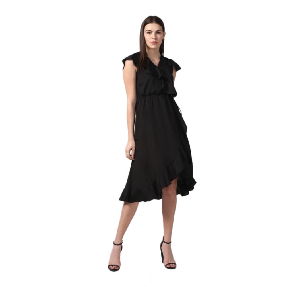 Generic Women's Polyester Ruffled Cap Sleeve Knee-Length Dress (Black) Main image