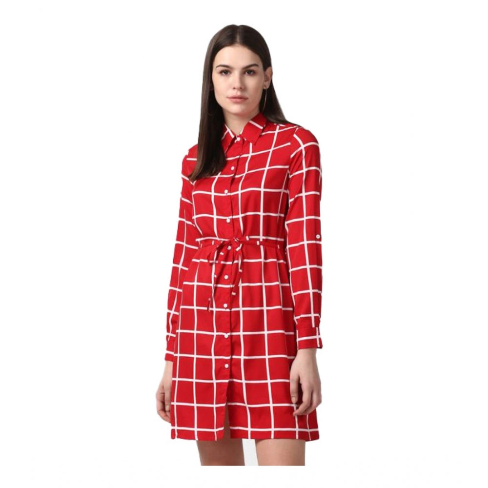 Generic Women's Polyester Checkered Long Sleeves Above Knee Dress (Red) Main image