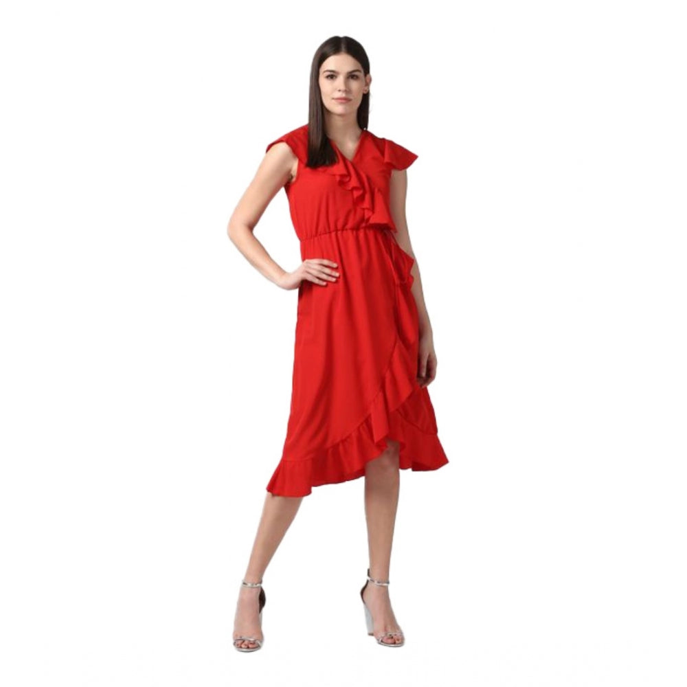 Generic Women's Polyester Ruffled Cap Sleeve Knee-Length Dress (Red) Main image