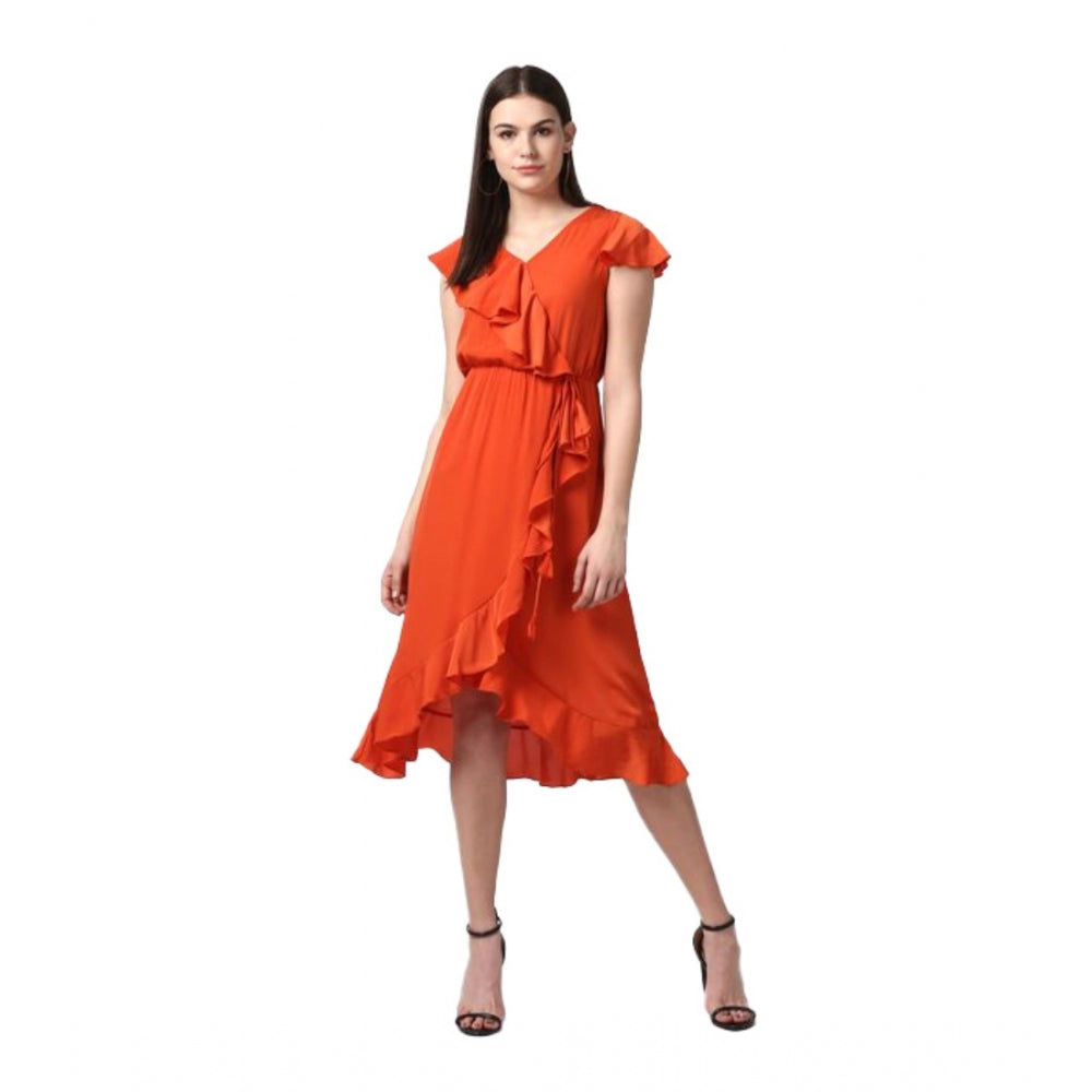 Generic Women's Polyester Ruffled Cap Sleeve Knee-Length Dress (Orange) Main image