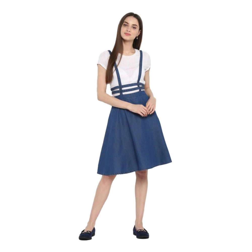 Generic Women's Denim Solid Shoulder Straps Below Knee Dress (Blue) Main image