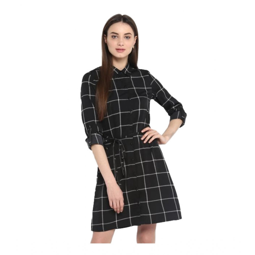 Generic Women's Polyester Checkered Roll Up Sleeve Above Knee Dress (Black - White) Main image