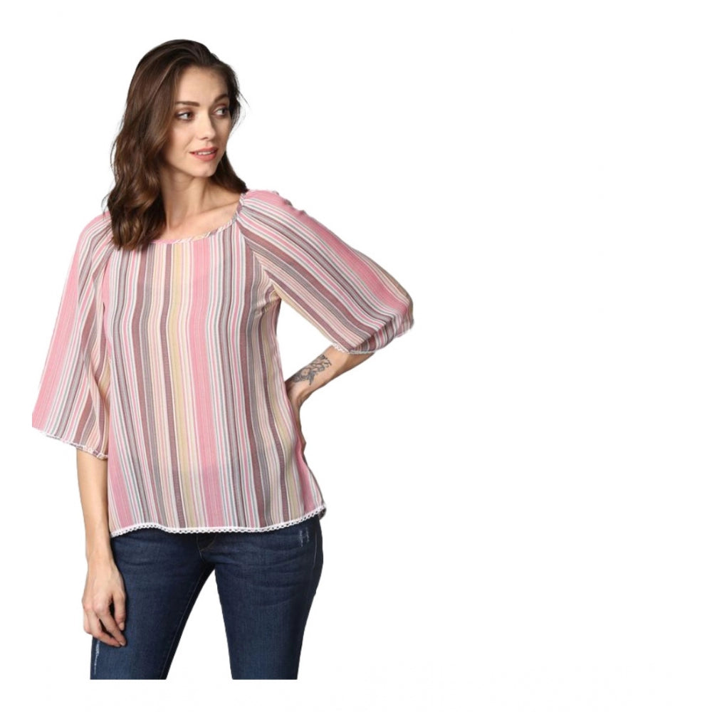 Generic Women's Polyester Striped 3-4th Sleeves Top (Pink) Main image