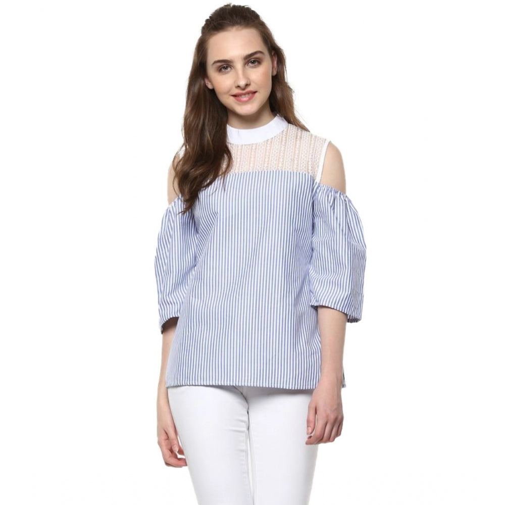 Generic Women's Cotton Striped Cold Shoulder Top (Blue) Main image
