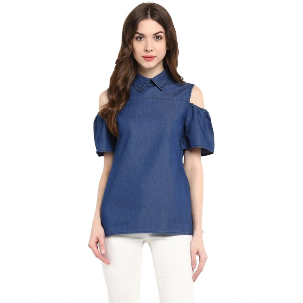 Generic Women's Denim Solid Cold Shoulder Regular Top (Blue) Main image