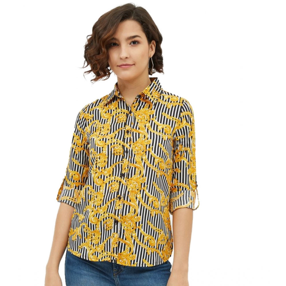Generic Women's Polyester Printed Roll Up Sleeve Standard Length Shirt (Mustared) Main image