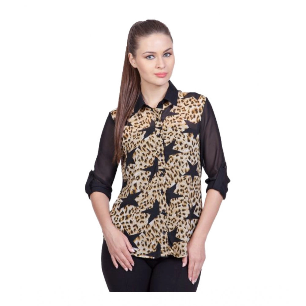 Generic Women's Polyester Printed Roll Up Sleeve Standard Length Shirt (Black) Main image