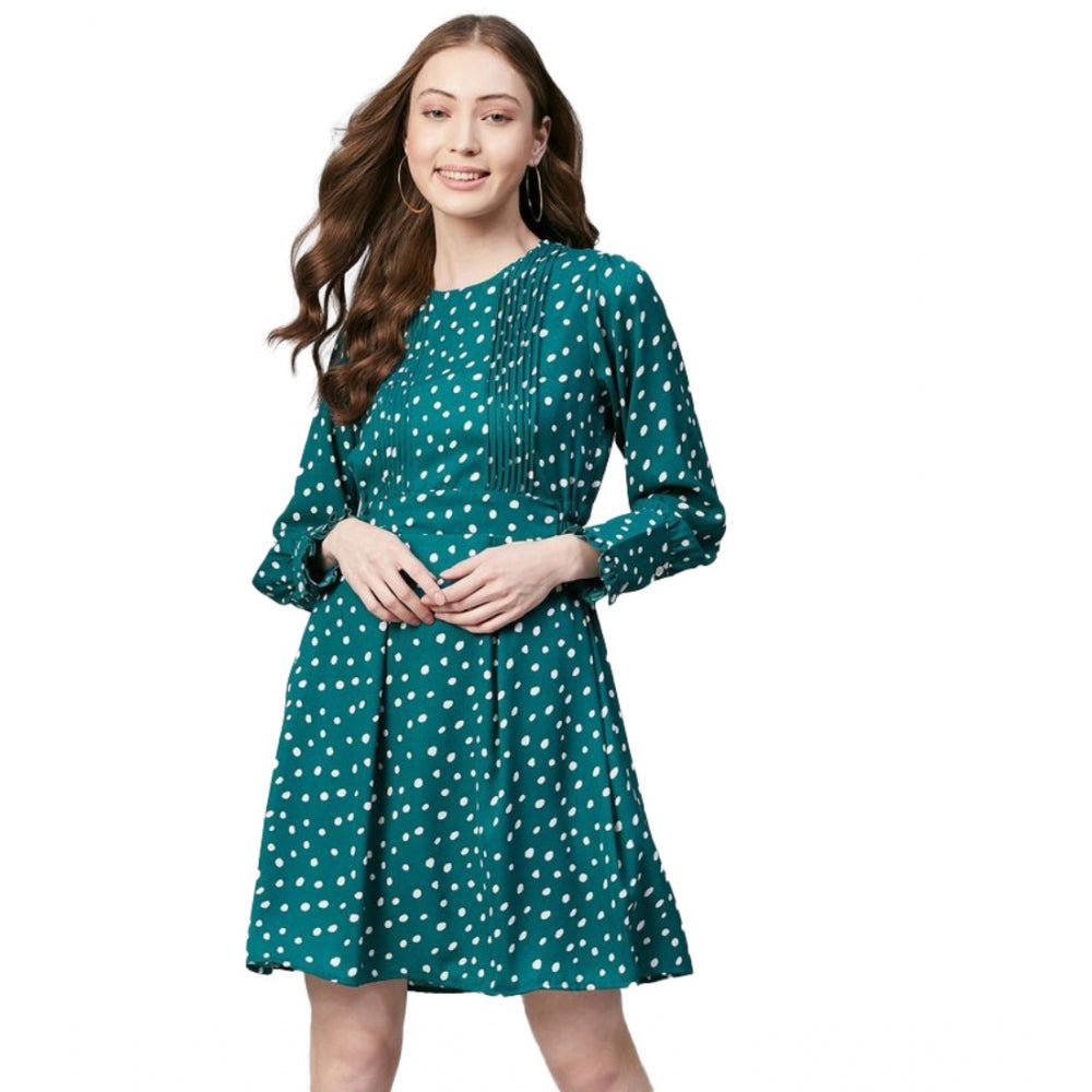 Generic Women's Polyester Polka Long Sleeves Above Knee Dress (Green - White) Main image