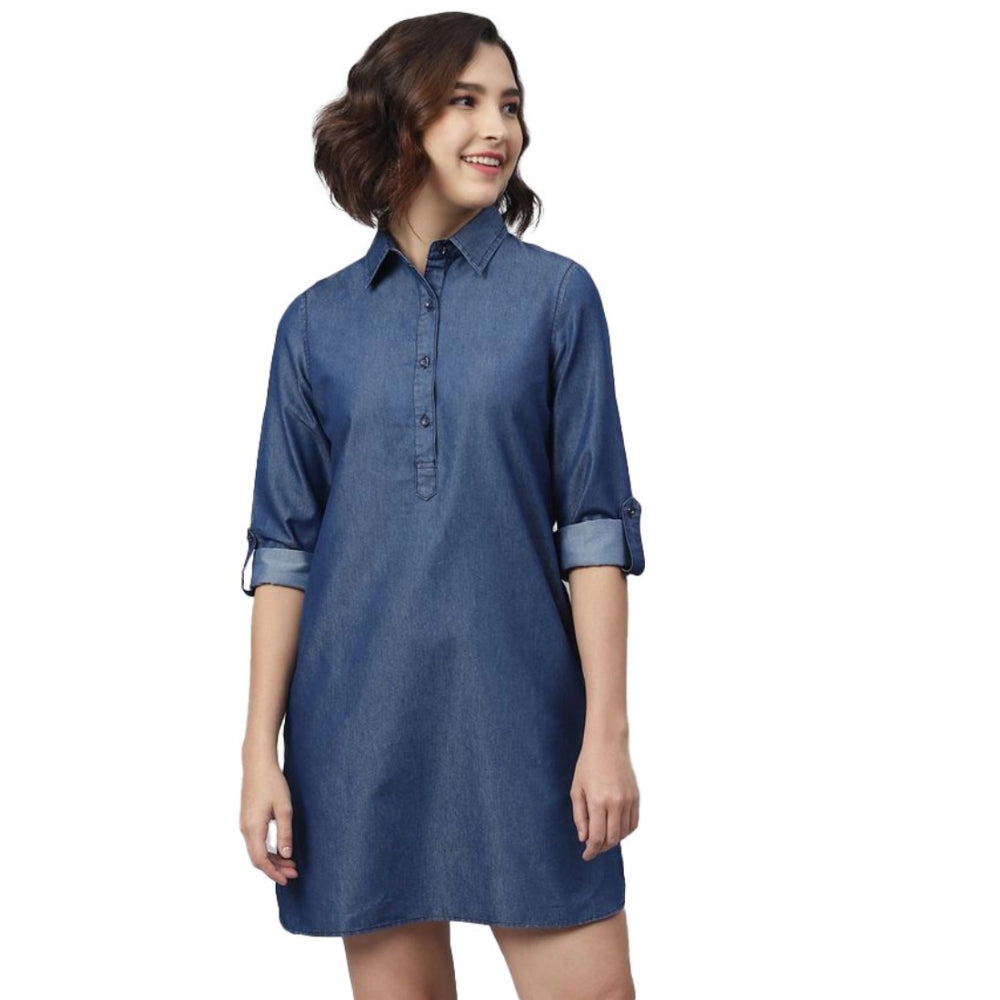 Generic Women's Denim Solid Long Sleeves Above Knee Dress (Navy Blue) Main image