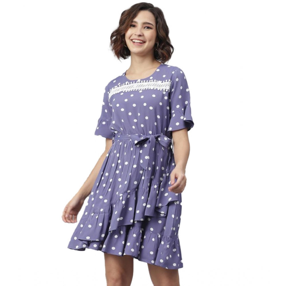 Generic Women's Polyester Polka Bell Sleeve Above Knee Dress (Lavender) Main image