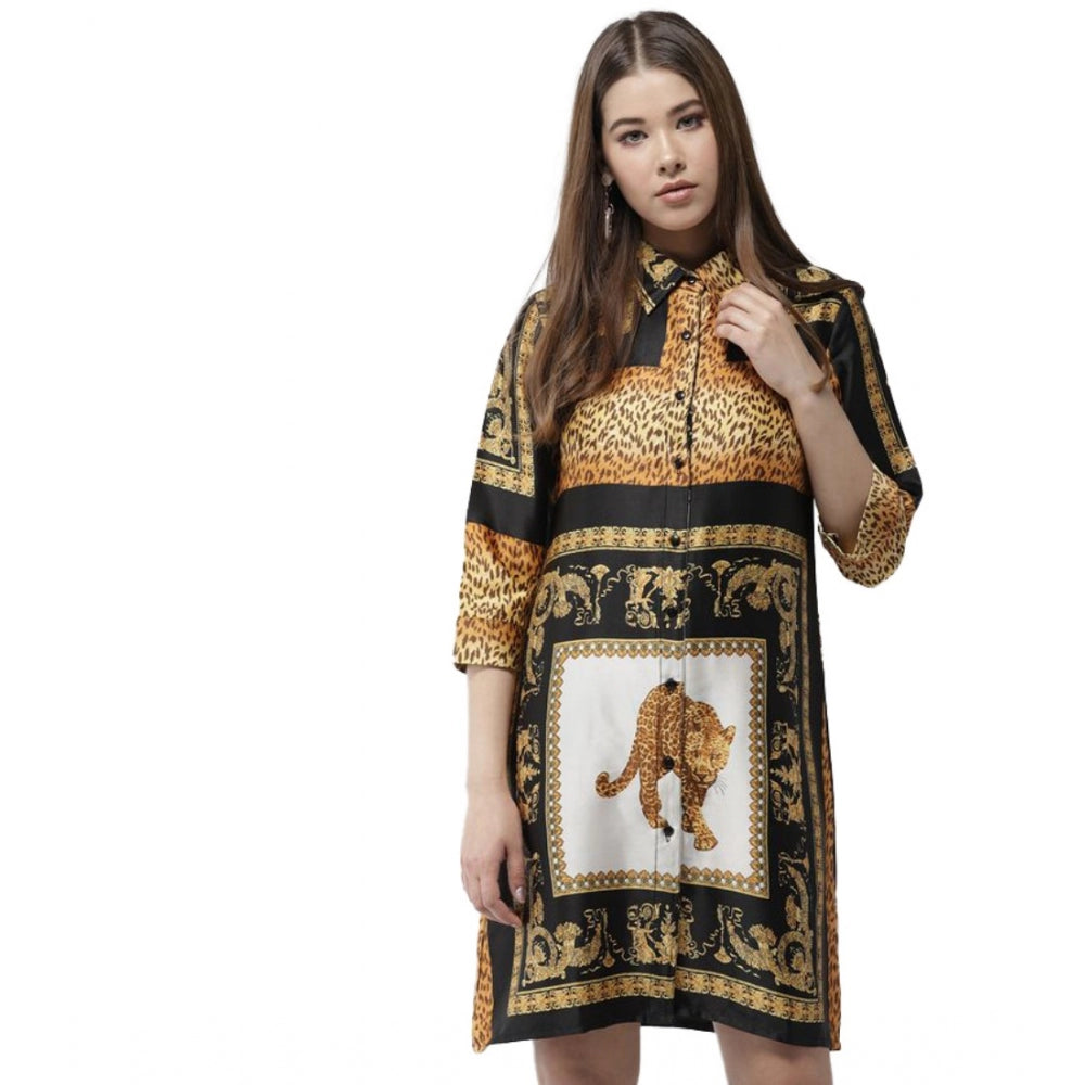 Generic Women's Satin Animal Print 3-4th Sleeves Above Knee Dress (White - Orange) Main image
