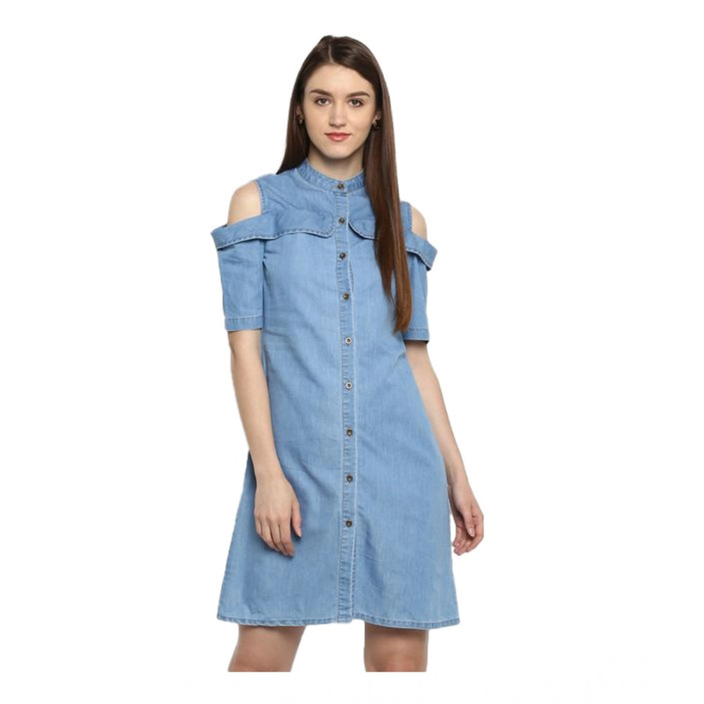 Generic Women's Denim Solid Cold Shoulder Above Knee Dress (Blue) Main image