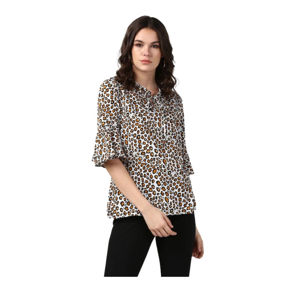 Generic Women's Polyester Animal Print Bell Sleeve Top (Orange - Black) Main image