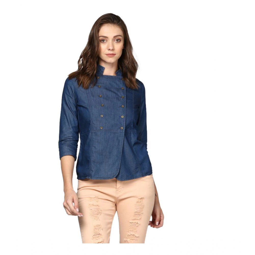 Generic Women's Denim Solid 3-4th Sleeves Top (Blue) Main image