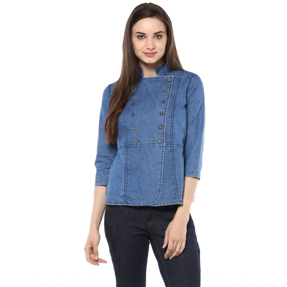 Generic Women's Denim Solid 3-4th Sleeves Regular Top (Blue) Main image