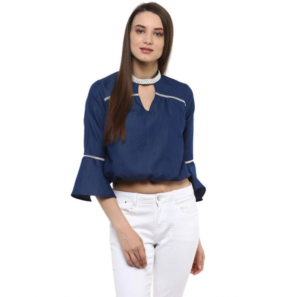 Generic Women's Polyester Solid Bell Sleeve Regular Top (Blue) Main image