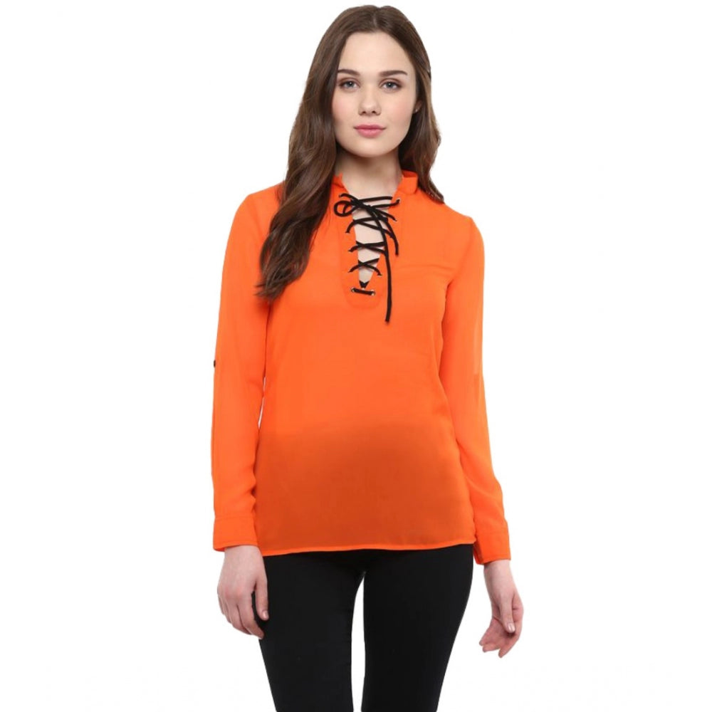 Generic Women's Polyester Solid Long Sleeves Regular Top (Orange) Main image