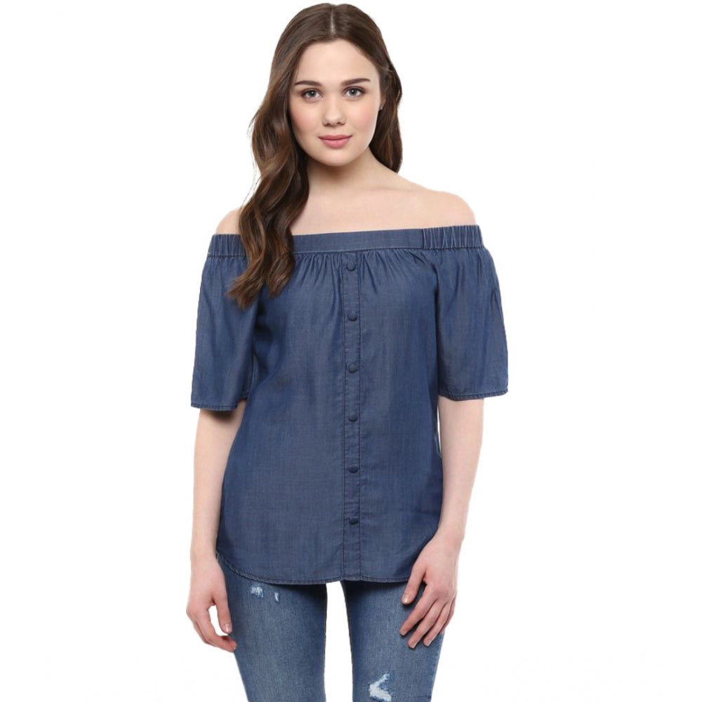 Generic Women's Denim Solid Short Sleeve Regular Top (Blue) Main image