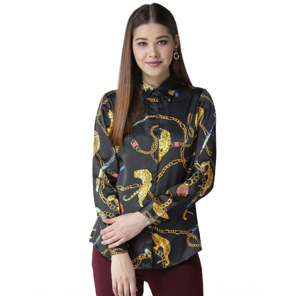 Generic Women's Satin Printed Long Sleeves Standard Length Shirt (Black - Gold) Main image