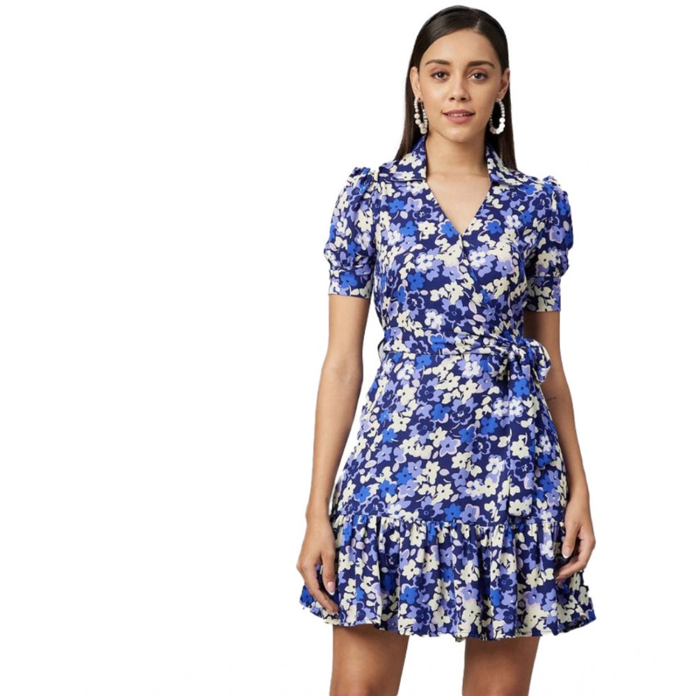 Generic Women's Polyester Floral Short Sleeve Above Knee Dress (Blue - Purple) Main image