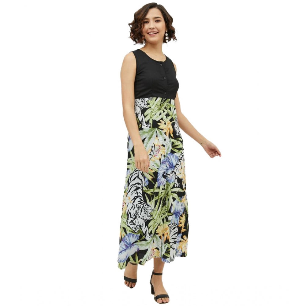 Generic Women's Rayon Floral Sleeveless Calf-length Dress (Multicolor) Main image