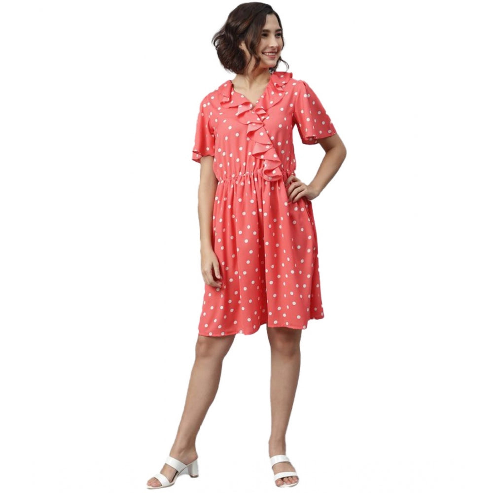 Generic Women's Polyester Polka Flutter Above Knee Dress (Coral) Main image