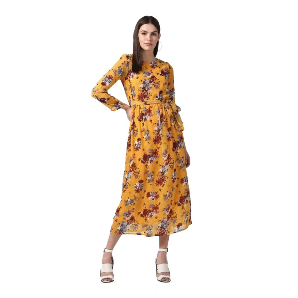 Generic Women's Polyester Floral Long Sleeves Calf-length Dress (Yellow) Main image