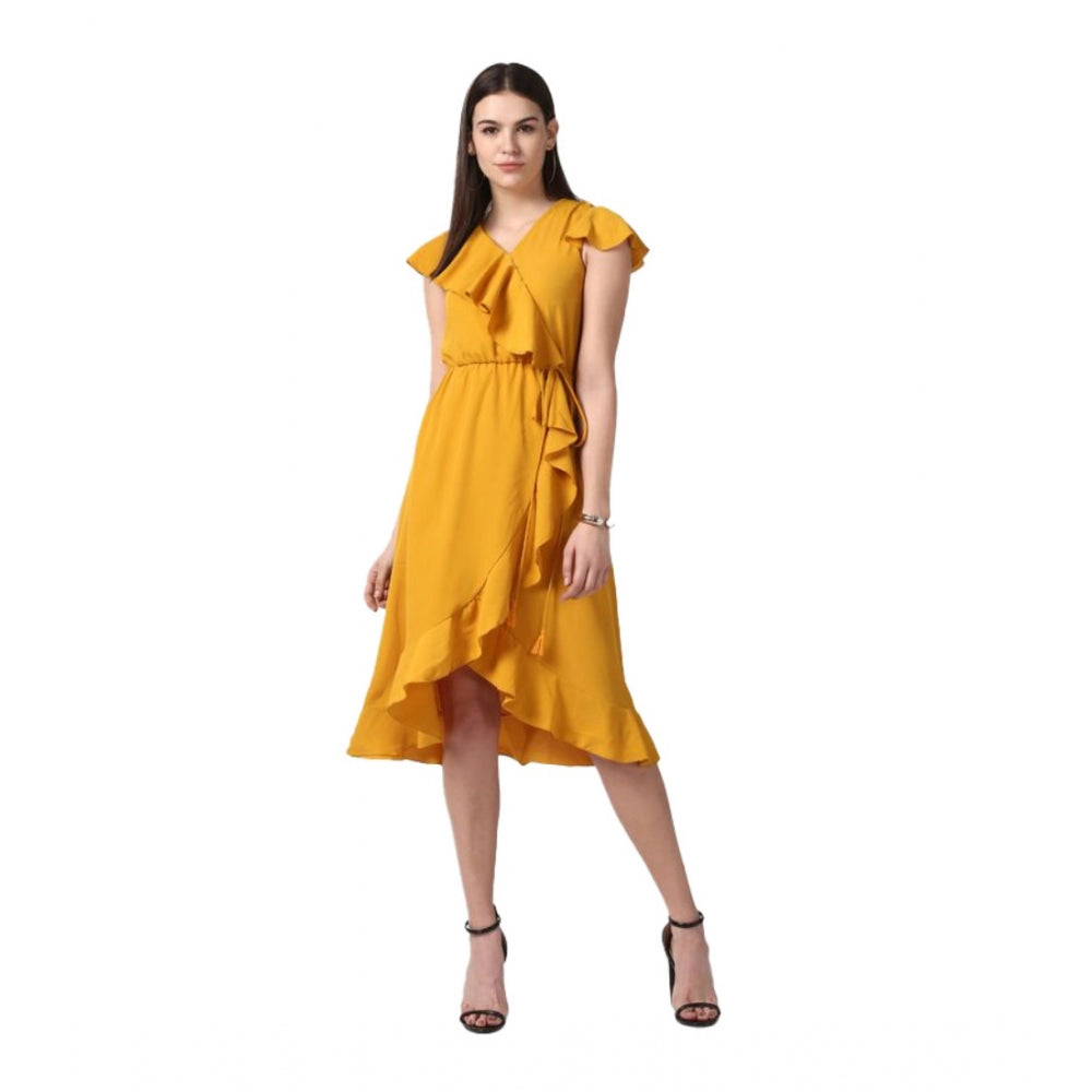 Generic Women's Polyester Ruffled Cap Sleeve Knee-Length Dress (Yellow) Main image