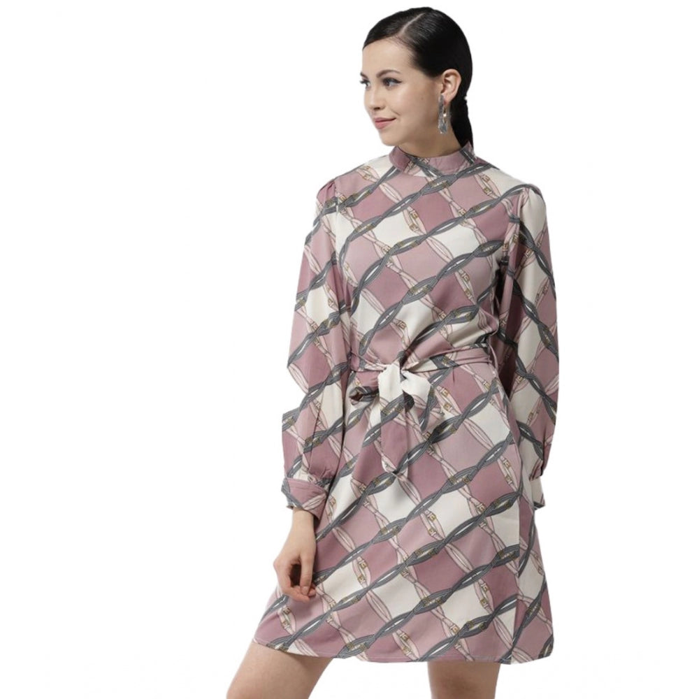 Generic Women's Polyester Checkered Long Sleeves Above Knee Dress (Off White - Lavender) Main image