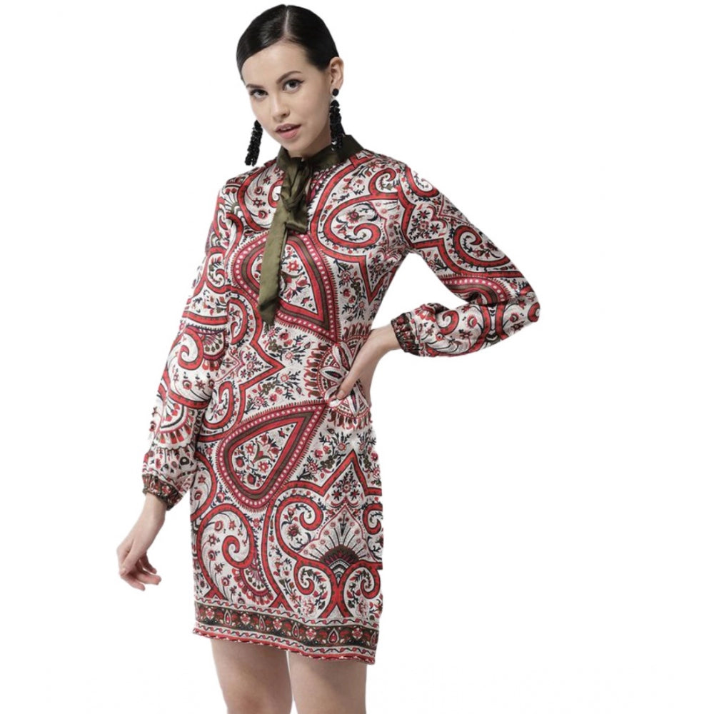 Generic Women's Polyester Printed Long Sleeves Above Knee Dress (Red) Main image