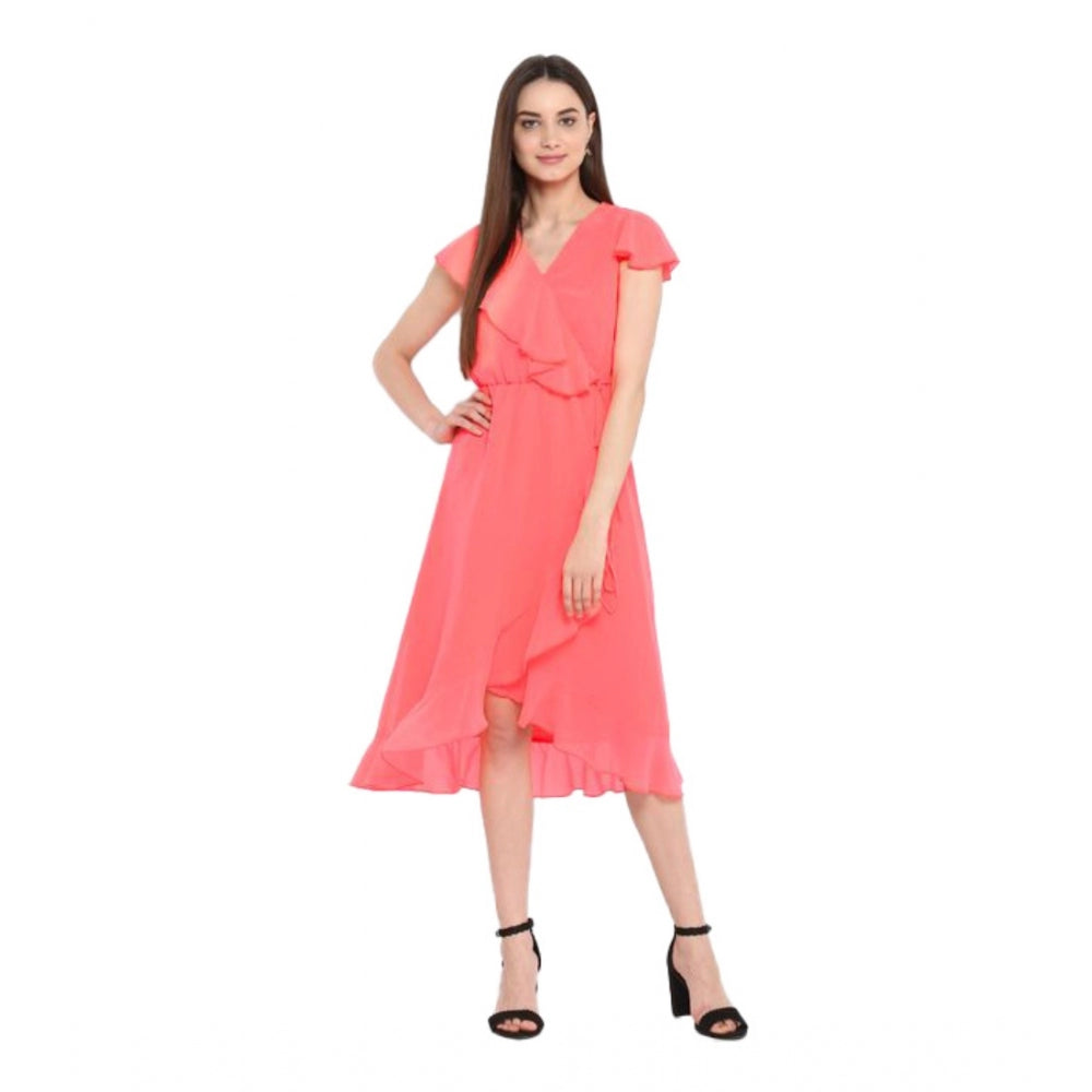 Generic Women's Polyester Ruffled Cap Sleeve Below Knee Dress (Coral Pink) Main image
