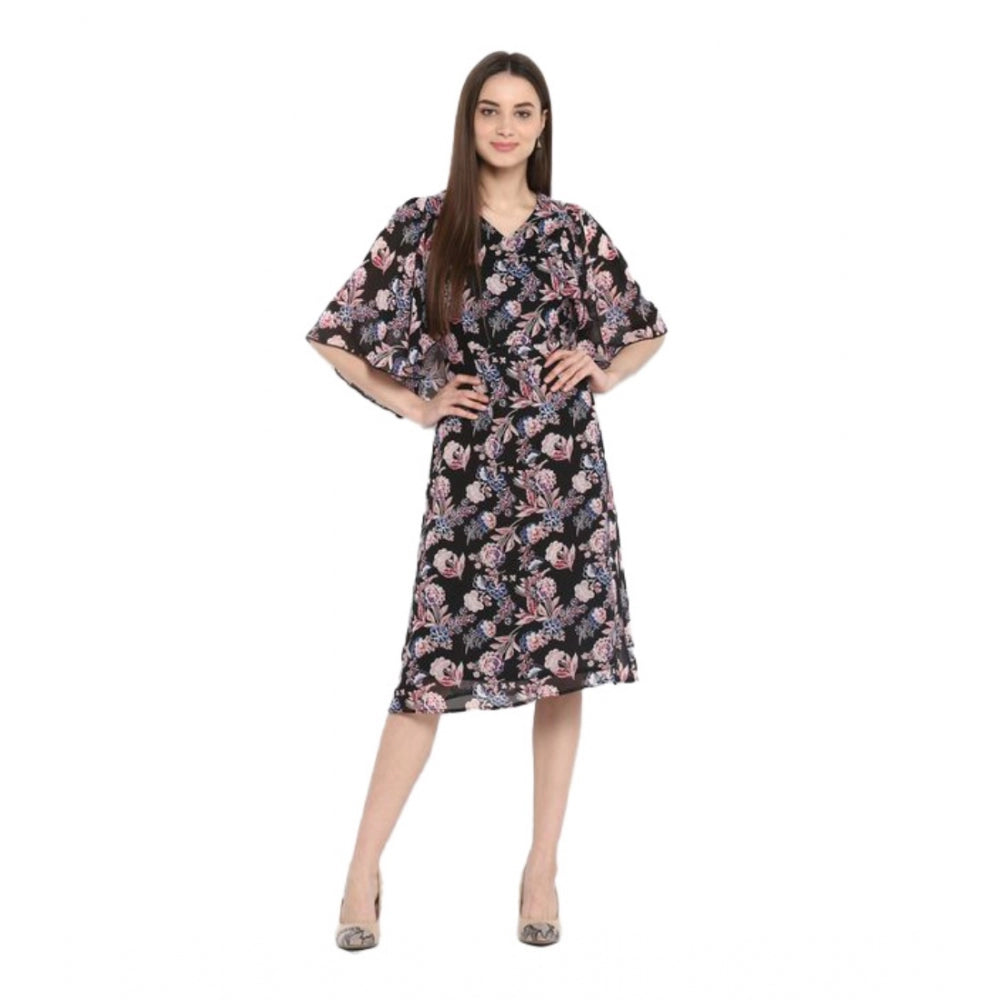 Generic Women's Polyester Floral Short Sleeve Knee-Length Dress (Black - Multicolor) Main image