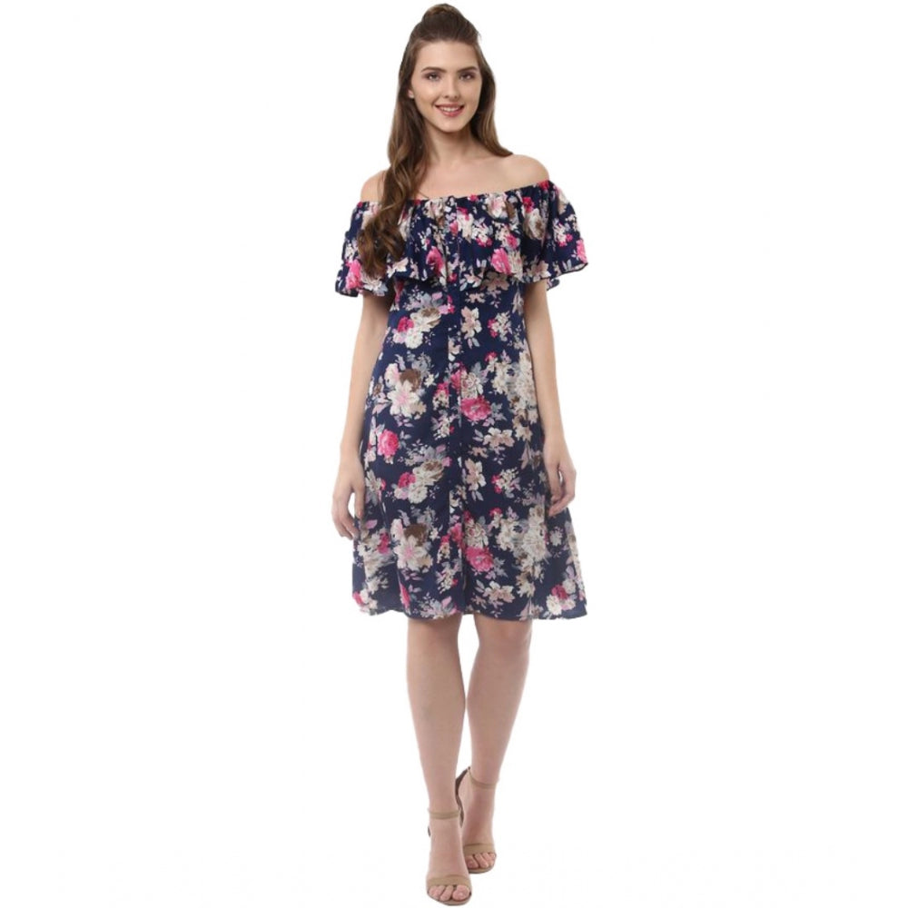Generic Women's Polyester Crepe Floral Half Sleeve Above Knee Dress (Navy Blue) Main image