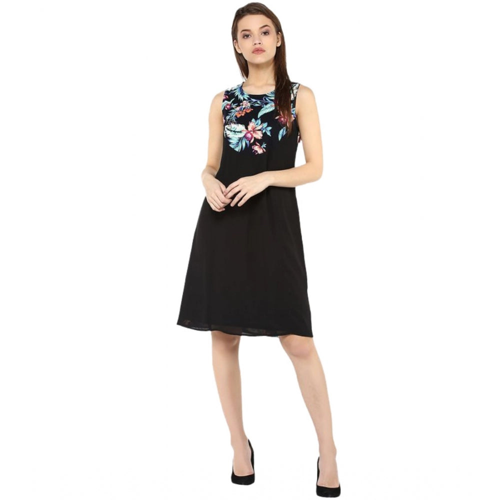 Generic Women's Polyester Printed Sleeveless Above Knee Dress (Black - Multicolor) Main image