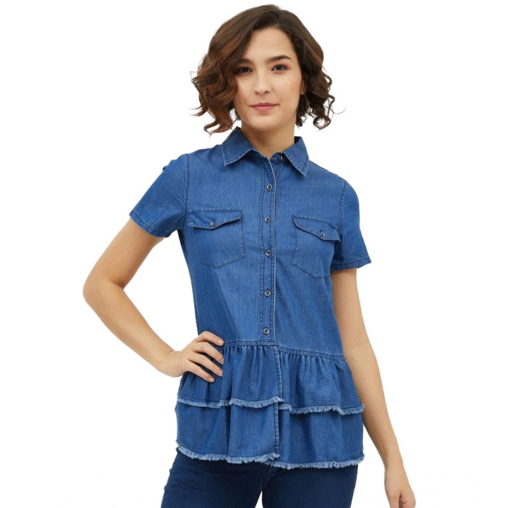 Generic Women's Denim Peplum Short Sleeve Top (Blue) Main image