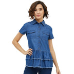 Generic Women's Denim Peplum Short Sleeve Top (Blue)